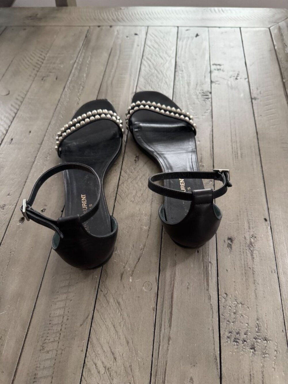 Saint Laurent Black Leather Ankle-Strap Sandals with Silver Studs - Picture 5 of 8